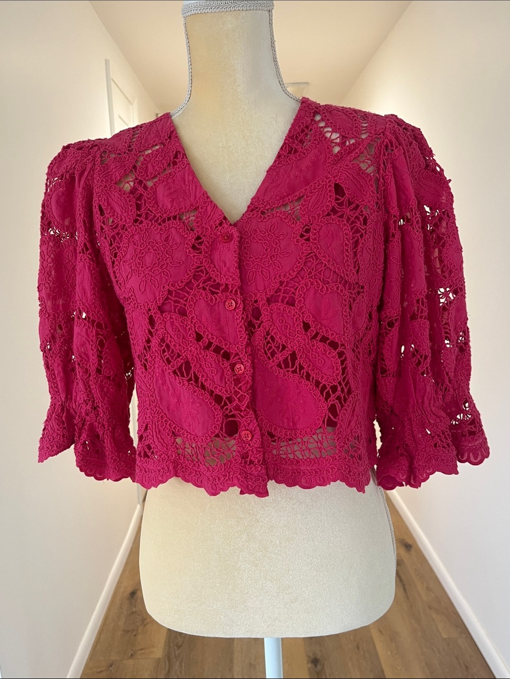 Maje Fuchsia Crochet Button-Front Blouse